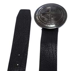 Pre Owned Emporio Armani Black Leather Logo Round Buckle Belt 130CM