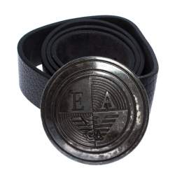 Pre Owned Emporio Armani Black Leather Logo Round Buckle Belt 130CM