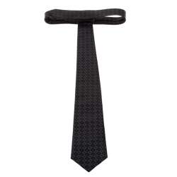 Pre Owned Emporio Armani Black & Grey Logo Embroidered Silk Tie