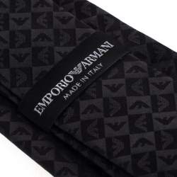 Pre Owned Emporio Armani Black & Grey Logo Embroidered Silk Tie