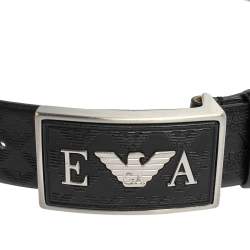 Pre Owned Emporio Armani Black Monogram Leather Buckle Belt Size 48