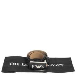 Pre Owned Emporio Armani Black Monogram Leather Buckle Belt Size 48