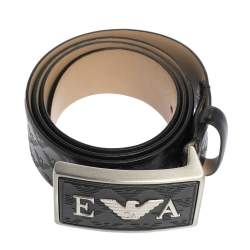 Pre Owned Emporio Armani Black Monogram Leather Buckle Belt Size 48