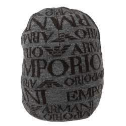 Pre Owned Emporio Armani Grey Logo Printed Wool Beanie S