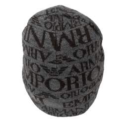 Pre Owned Emporio Armani Grey Logo Printed Wool Beanie S
