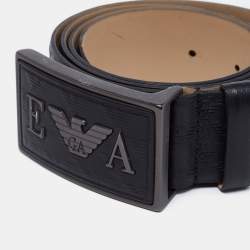 Pre Owned Emporio Armani Black Monogram Leather Buckle Belt