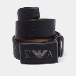 Pre Owned Emporio Armani Black Monogram Leather Buckle Belt