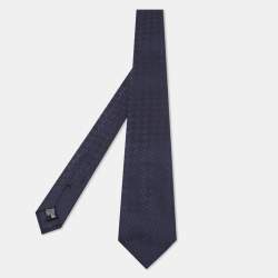 Pre Owned Emporio Armani Dark Blue Logo Embroidered Silk Tie