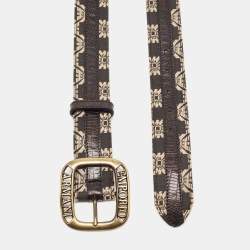 Pre Owned Emporio Armani Black/White Canvas And Lizard Embossed Leather Logo Buckle Belt 100 CM