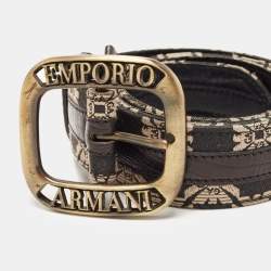 Pre Owned Emporio Armani Black/White Canvas And Lizard Embossed Leather Logo Buckle Belt 100 CM