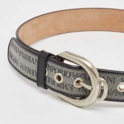 Emporio Armani Grey/Black Logo Print Fabric and Leather Buckle Belt 