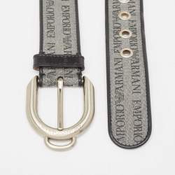 Emporio Armani Grey/Black Logo Print Fabric and Leather Buckle Belt 