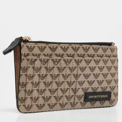 Pre Owned Emporio Armani Beige Signature Leather and PVC Zip Card Holder