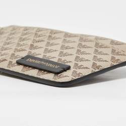 Pre Owned Emporio Armani Beige Signature Leather and PVC Zip Card Holder