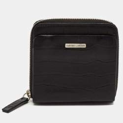 Emporio Armani Black Croc Embossed Leather Zip Around Compact Wallet