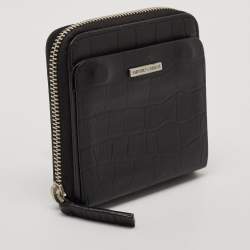 Emporio Armani Black Croc Embossed Leather Zip Around Compact Wallet