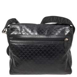 Pre Owned Emporio Armani Black Logo Embossed Leather Messenger Bag
