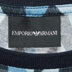 Pre Owned Emporio Armani Blue Printed Linen Knit Crew Neck T-Shirt S