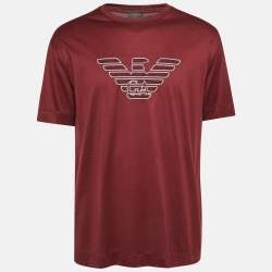 Pre Owned Emporio Armani Burgundy Logo Embroidered Jersey T-Shirt XXXL