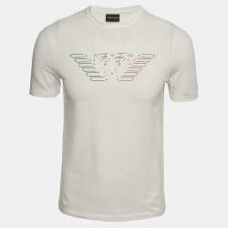 Pre Owned Emporio Armani White Logo Print Cotton Crewneck T-Shirt S