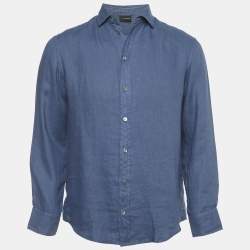 Pre Owned Emporio Armani Blue Linen Full Sleeve Shirt S