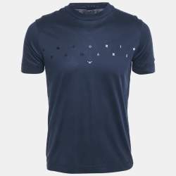 Pre Owned Emporio Armani Navy Blue Logo Embroidered Cotton Crewneck T-Shirt S