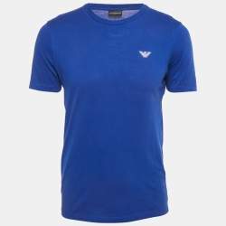Pre Owned Emporio Armani Blue Logo Embroidered Jersey Crewneck T-Shirt S