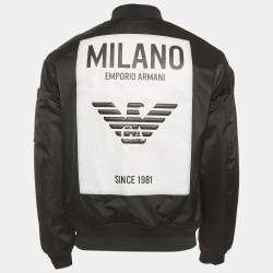 Pre Owned Emporio Armani Black Logo Applique Nylon Bomber Jacket M 