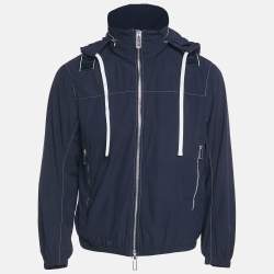 Pre Owned Emporio Armani Navy Blue Synthetic Logo Band Conceal Hood Jacket S