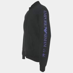 Pre Owned Emporio Armani Black Cotton Logo Print Zip Front Hoodie L