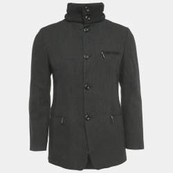 Pre Owned Emporio Armani Grey Wool & Cotton Concealed Hood Coat M 