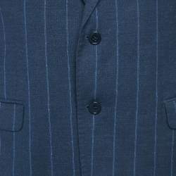 Pre Owned بليزر إمبريو أرماني صوف مقلم محكم نسيج أزرق مقاس كبير