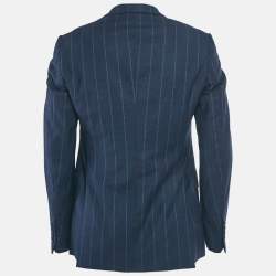 Pre Owned بليزر إمبريو أرماني صوف مقلم محكم نسيج أزرق مقاس كبير