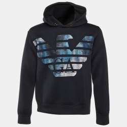 Pre Owned Emporio Armani Midnight Blue Jersey Logo Embroidered Hoodie S