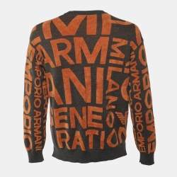 Pre Owned Emporio Armani Grey/Orange All Over Logo Knit Sweatshirt M