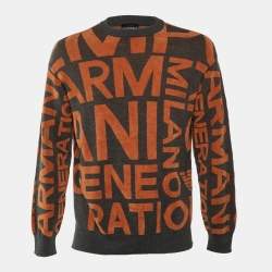 Pre Owned Emporio Armani Grey/Orange All Over Logo Knit Sweatshirt M