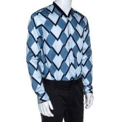Pre Owned Emporio Armani Blue Geometric Printed Cotton Long Sleeve Shirt M