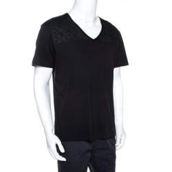 Pre Owned Emporio Armani Black Logo Print Cotton V Neck T-Shirt L