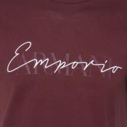 Pre Owned Emporio Armani Maroon Cotton Logo Detail Crew Neck T-Shirt L
