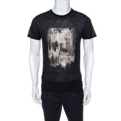 Emporio Armani Charcoal Grey Knit Abstract Gold Foil Print T Shirt L