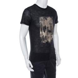Emporio Armani Charcoal Grey Knit Abstract Gold Foil Print T Shirt L