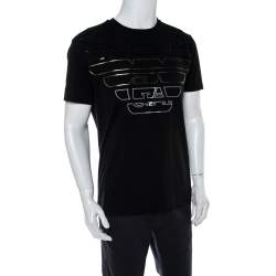 Pre Owned Emporio Armani Black Cotton Logo Embossed Crew Neck T-Shirt XL
