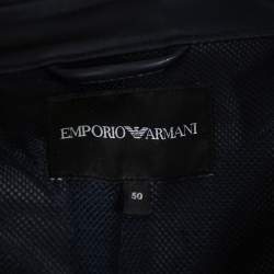 Pre Owned Emporio Armani Navy Blue Faux Leather Hooded Zip Front Jacket L