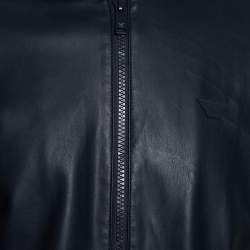Pre Owned Emporio Armani Navy Blue Faux Leather Hooded Zip Front Jacket L