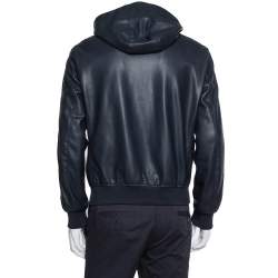 Pre Owned Emporio Armani Navy Blue Faux Leather Hooded Zip Front Jacket L