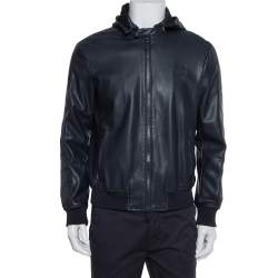 Pre Owned Emporio Armani Navy Blue Faux Leather Hooded Zip Front Jacket L