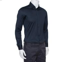 مملوكة مسبقًا Emporio Armani Navy Blue Stretch Cotton Button Front Shirt M