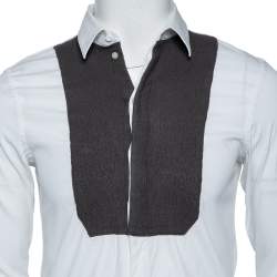 Pre Owned Emporio Armani White Stretch Cotton & Contrast Wool Paneled Button Front Shirt M