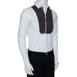 Pre Owned Emporio Armani White Stretch Cotton & Contrast Wool Paneled Button Front Shirt M