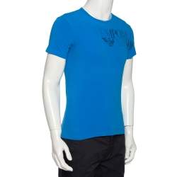 Pre Owned Emporio Armani Blue Logo Printed Stretch Cotton Crewneck T-Shirt S